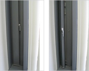 各室の窓横に設置され空気を取り込む「キャブコン」写真左：閉じた状態、写真右：開いた状態